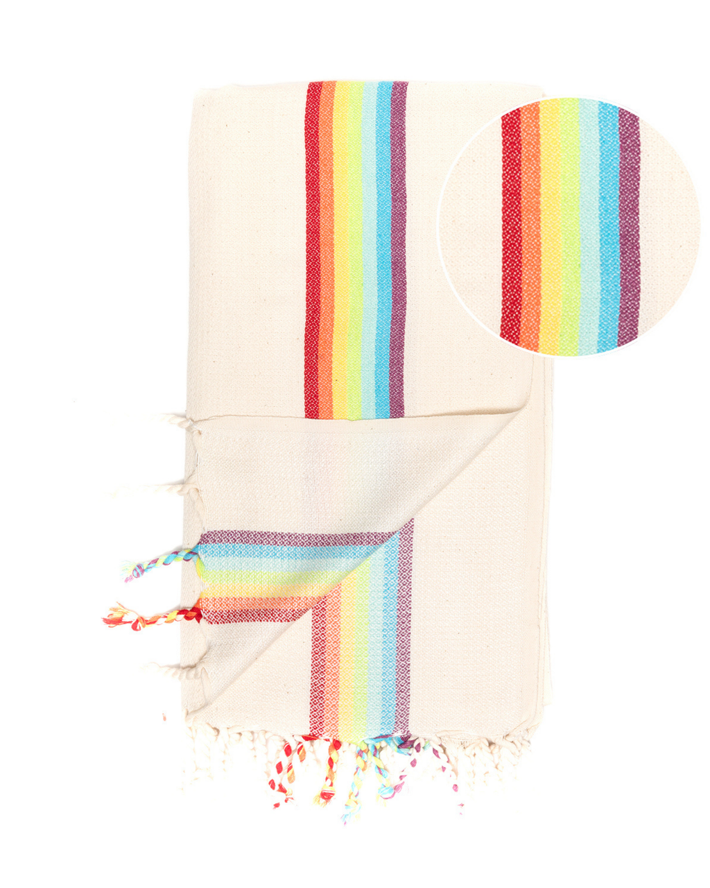 Samimi Bambus-Hamamtuch in Beige mit bunten Rainbow-Streifen und handgedrehten Fransen.